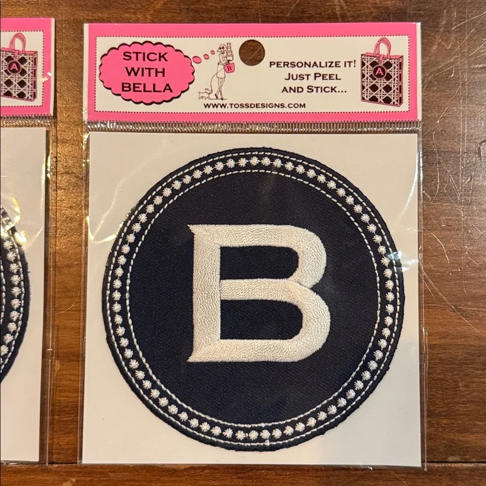 NIP TOSS Designs Peel & Stick Embroidered B Initial Patch Bella Set 2 Blue White
